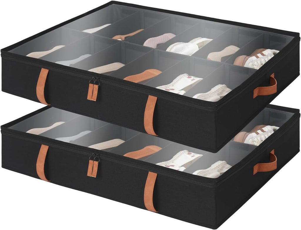 StorageWorks Shoe Organizer for Closet, Fits up to 24 Pairs, 2-Pack Ultra-thick Fabric Under Bed Shoe Storage Containers with Bottom Support and Adjustable Dividers, Black