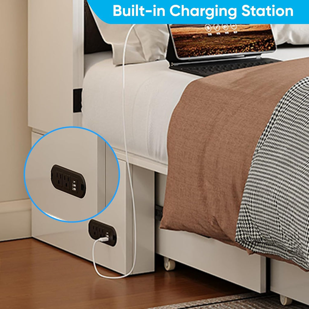Mjkone 57" W Full Murphy Cabinet Bed, Full Size Murphy Bed with Storage Drawers, Cabinet Beds with USB Charging Station for Small Space, Guest Room, Bedroom, Office, White