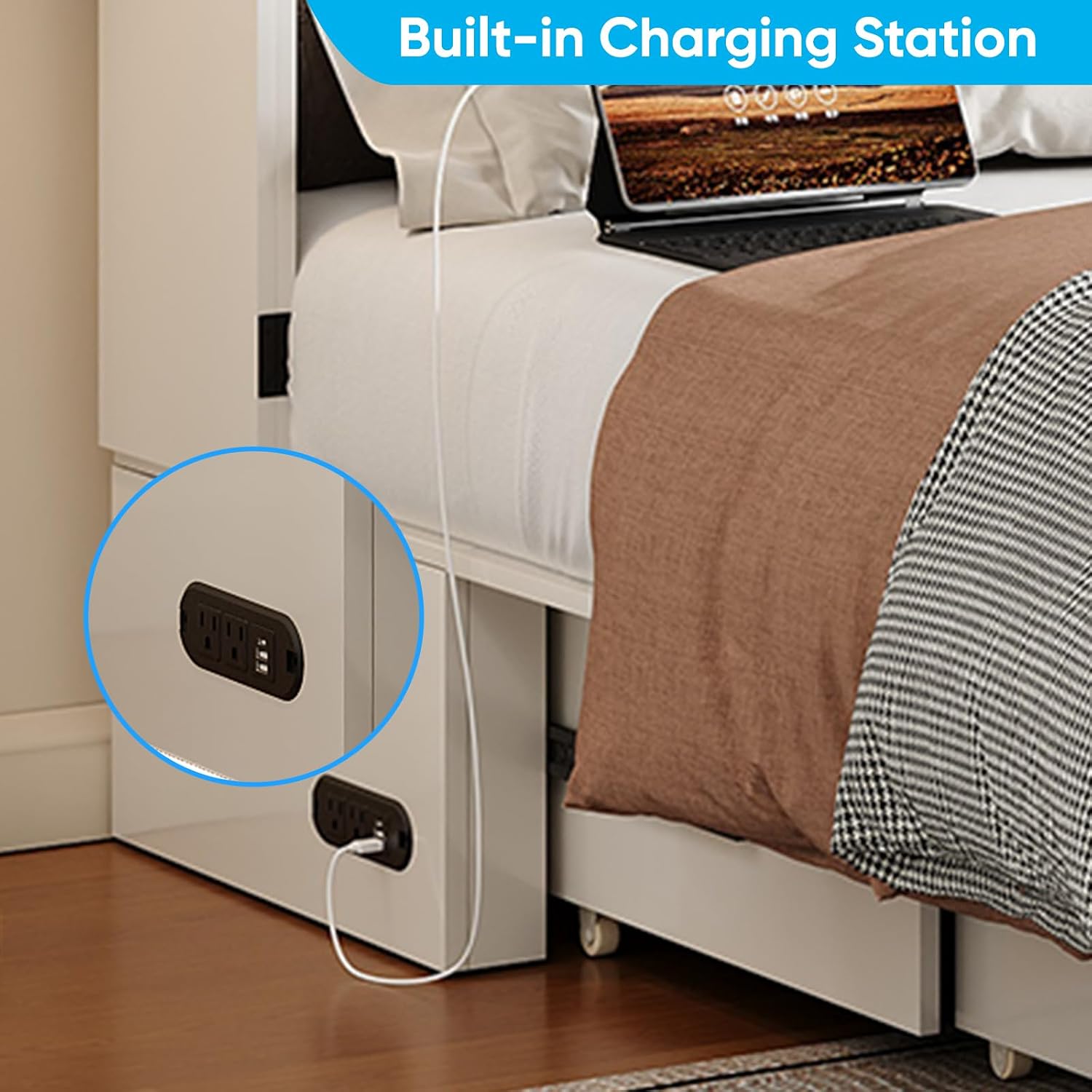 Mjkone 57" W Full Murphy Cabinet Bed, Full Size Murphy Bed with Storage Drawers, Cabinet Beds with USB Charging Station for Small Space, Guest Room, Bedroom, Office, White