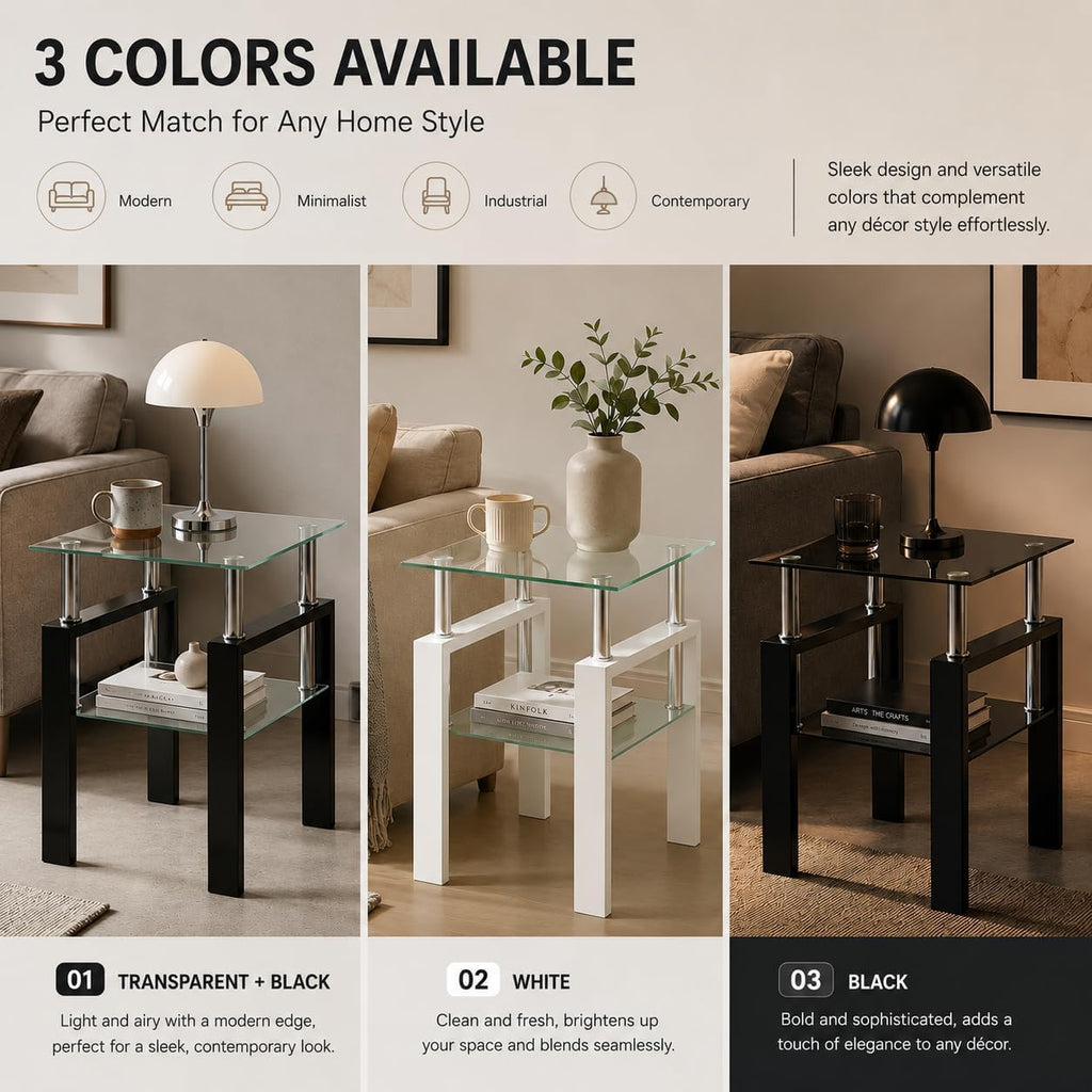 Meihua Tempered Glass End Table, Black Modern Square Side Table with Metal Frame, 2-Tier Glass Accent Table for Living Room, Bedroom, Apartment & Small Spaces