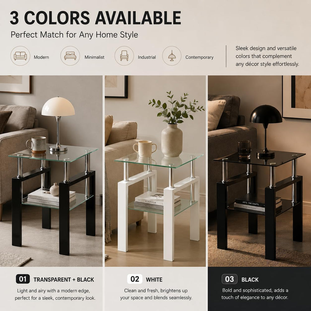 Meihua Glass End Table, Square Glass Side Table, 2-Tier Modern Nightstand wit...