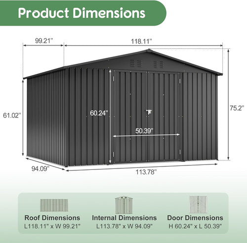 10x8 FT Outdoor Storage Shed with Floor Frame Structure and Lockable Doors, Durable and Sturdy Meta Sheds with Waterproof Roof Garden Tool Shed Ideal for Backyard Patio (Black