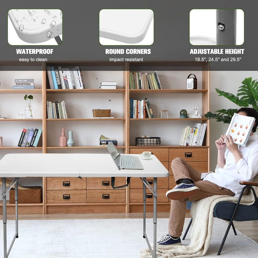 Folding Table 4 Foot,Portable Heavy Duty Plastic Utility Table,White | Adjust...