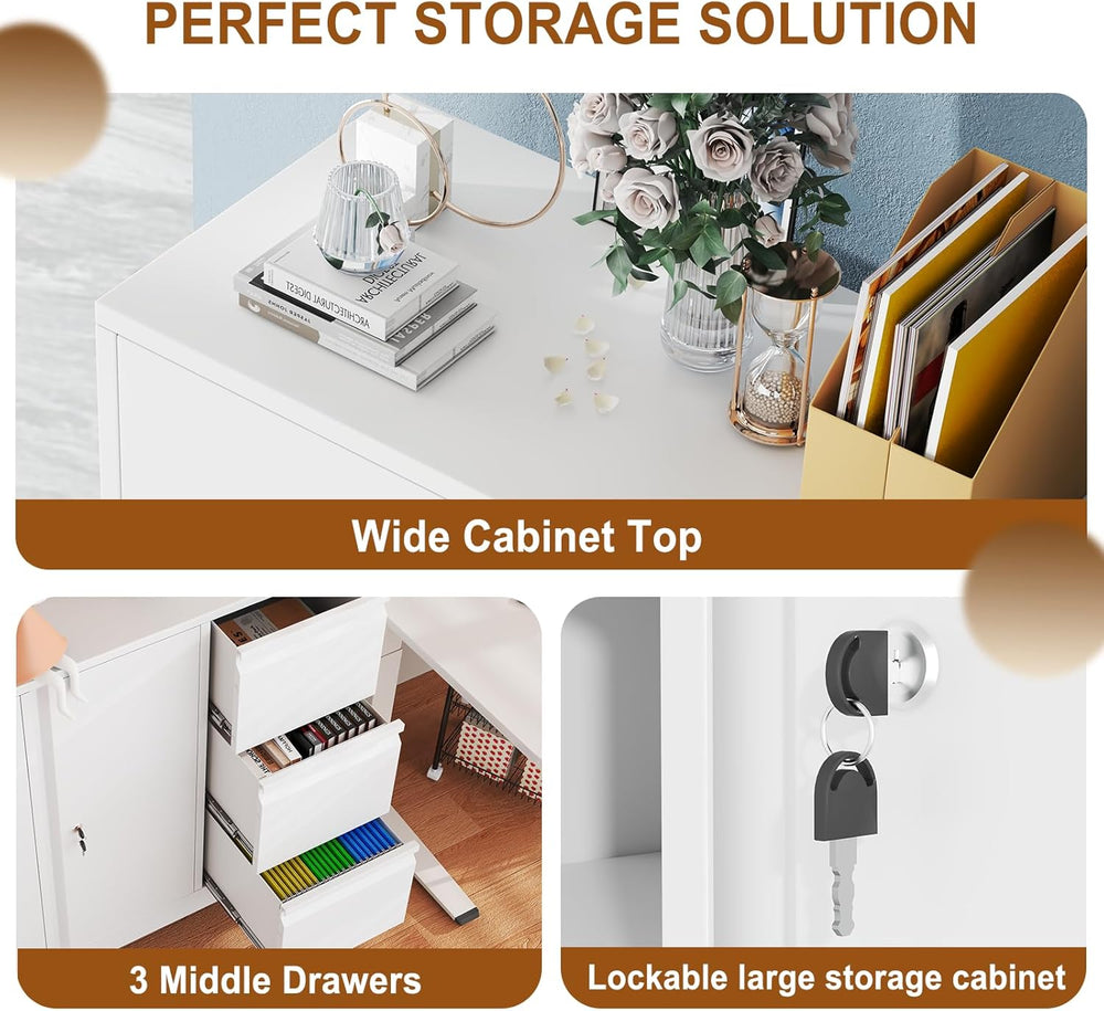 47" Rolling File Storage Locker Cabinet with 3-Drawer，Office Storage Cab...