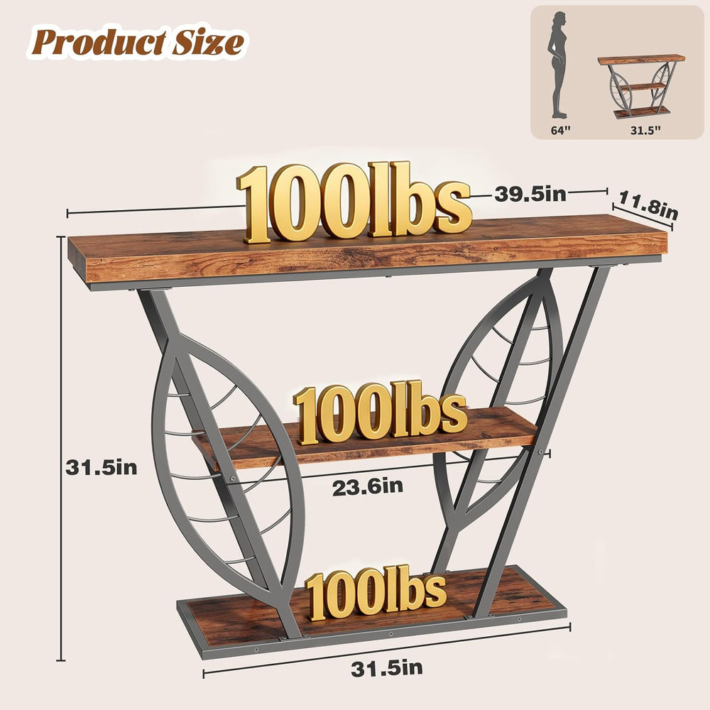 HavenlyYouth Leaf Design Console Table for Entryway, 3-Tier Storage, 30mm Thi...