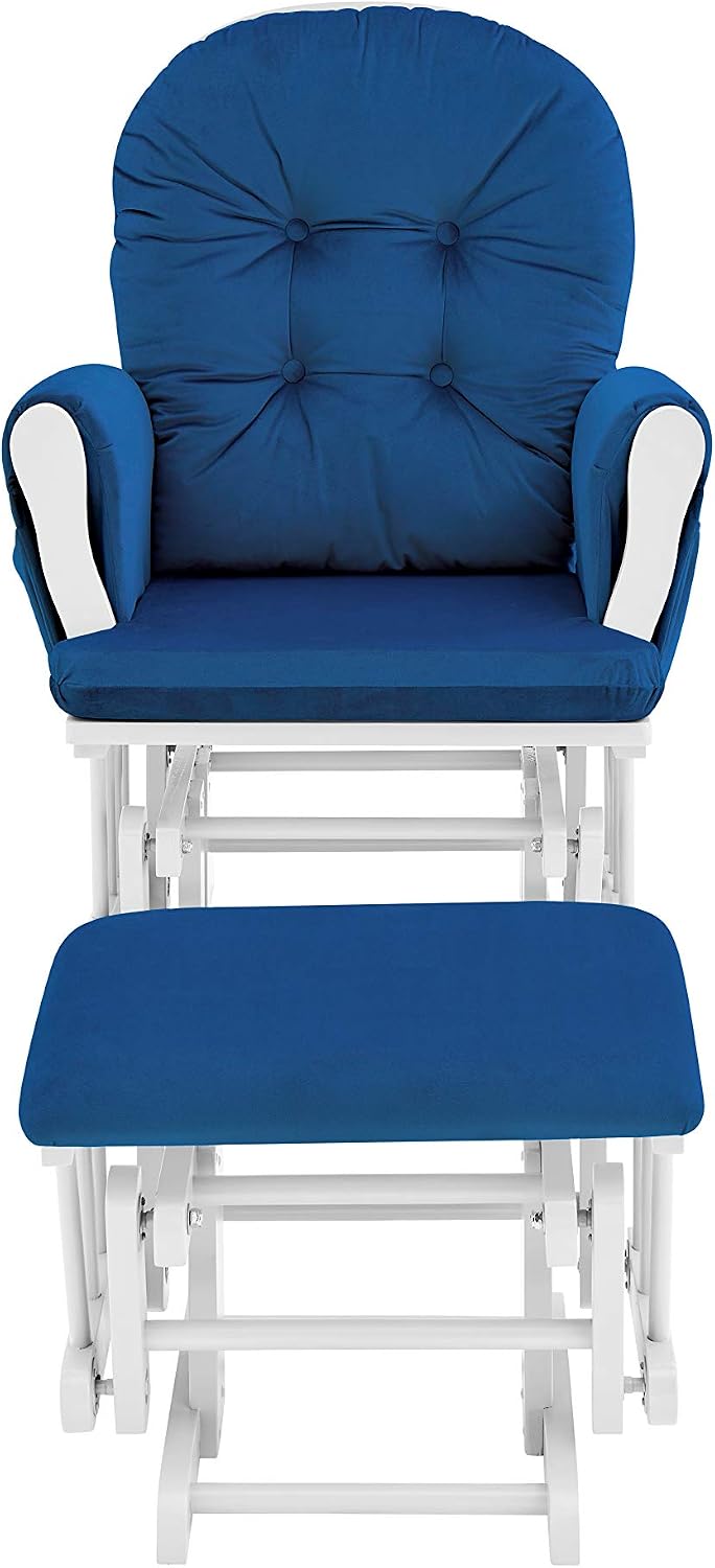 Glider and Ottoman White Wood and Navy Fabric