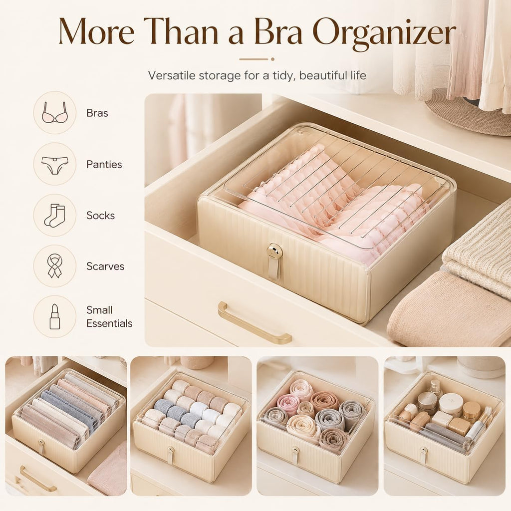 Bra Organizer for Closet, Stackable Pull-Out Drawer Style Bra Storage Organizer with Clear Top, 1-Cell Underwear Organizer for Bras, Panties, Socks, Tie, Belt and Scarf