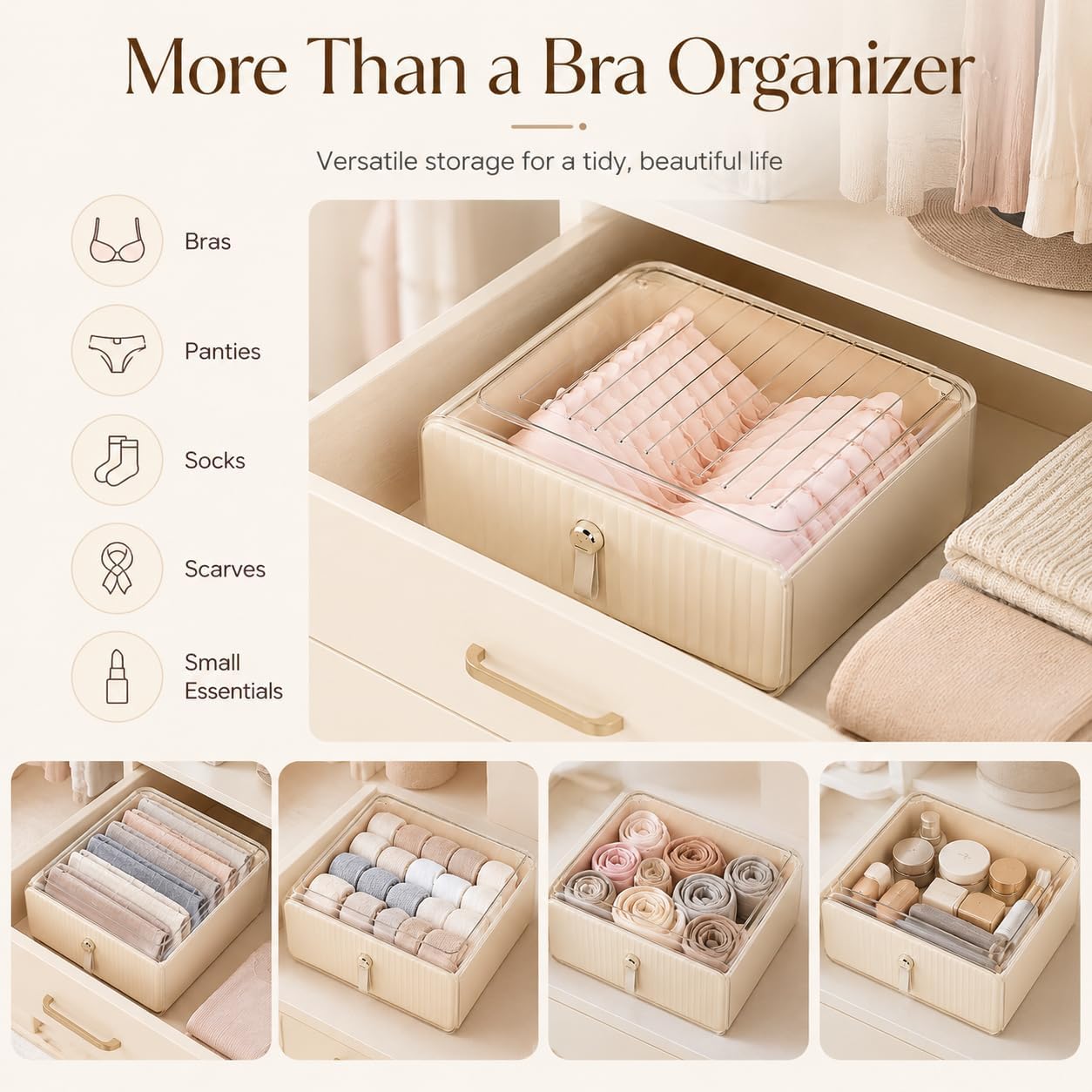 Bra Organizer for Closet, Stackable Pull-Out Drawer Style Bra Storage Organizer with Clear Top, 1-Cell Underwear Organizer for Bras, Panties, Socks, Tie, Belt and Scarf