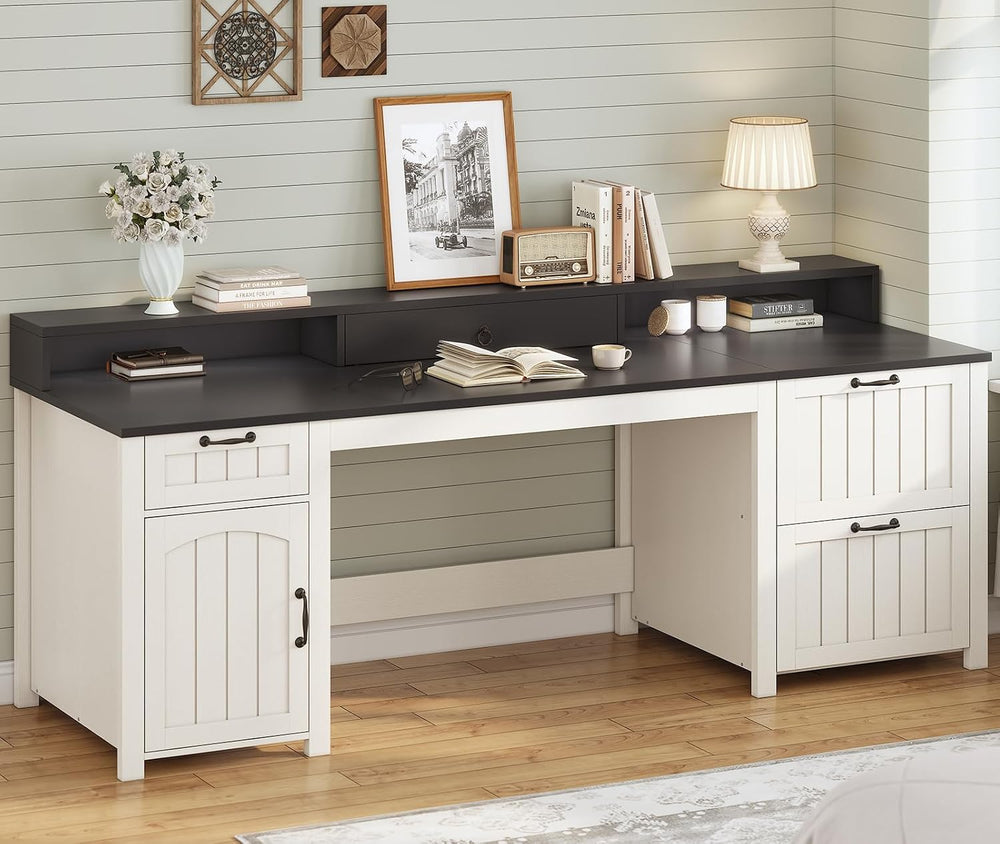 SEDETA 63" Farmhouse Executive Desk with Drawers and Storage, White + Black