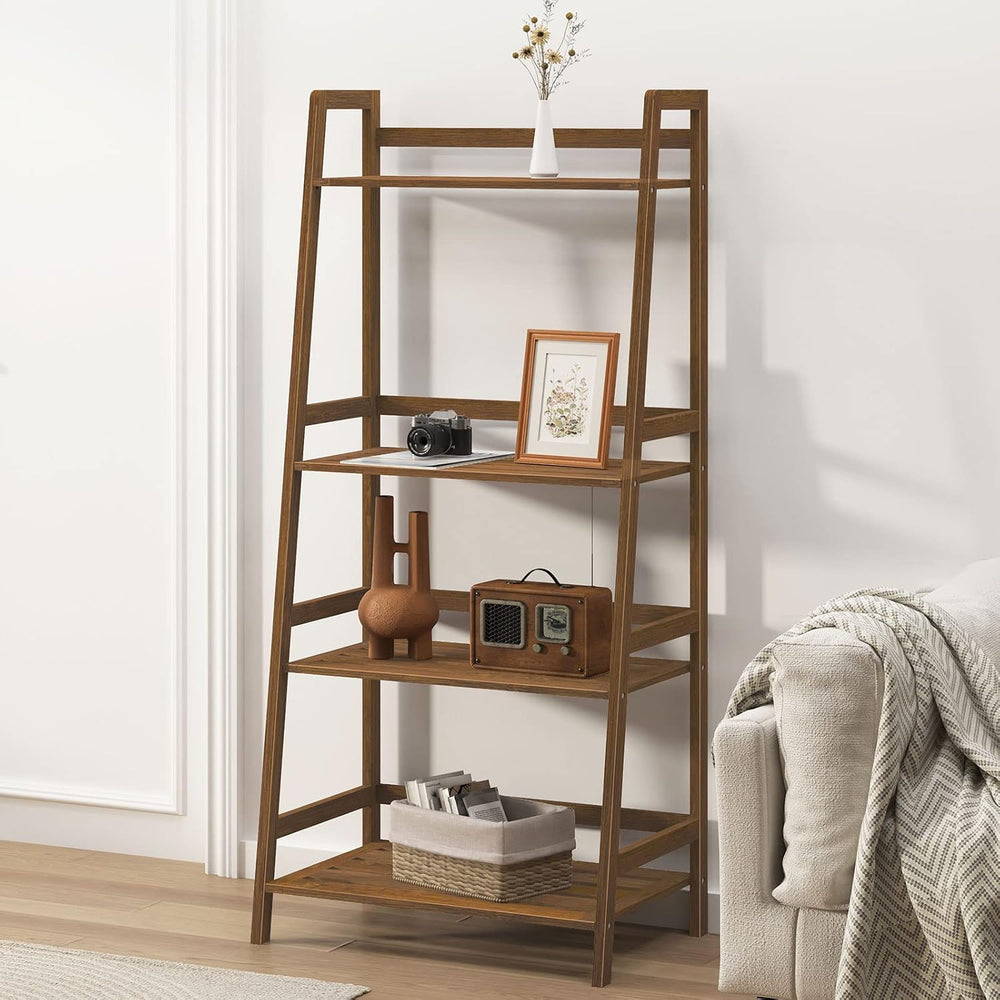 sogesfurniture, 4-Tier Bamboo Ladder Shelf, Rustic Style, Bookshelf Storage R...