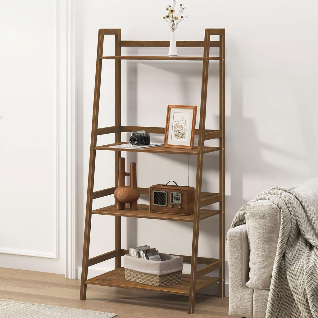 sogesfurniture, 4-Tier Bamboo Ladder Shelf, Rustic Style, Bookshelf Storage Rack, 18.9x11.8x46.5 inches, Brown