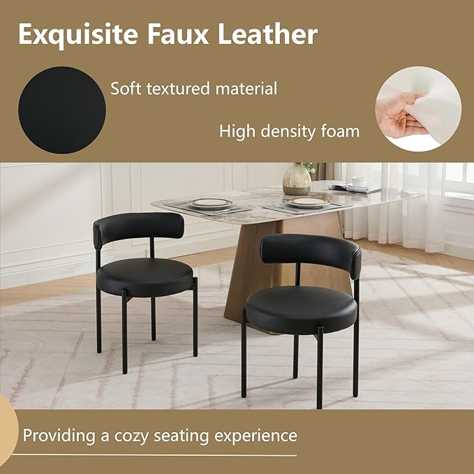Faux Leather Dining Chairs Set of 2, Upholstered Kitchen and Dining Room Chairs, Mid-Century Modern Dining Chairs with Round Back and Black Metal Legs, Vegan Leather, Black