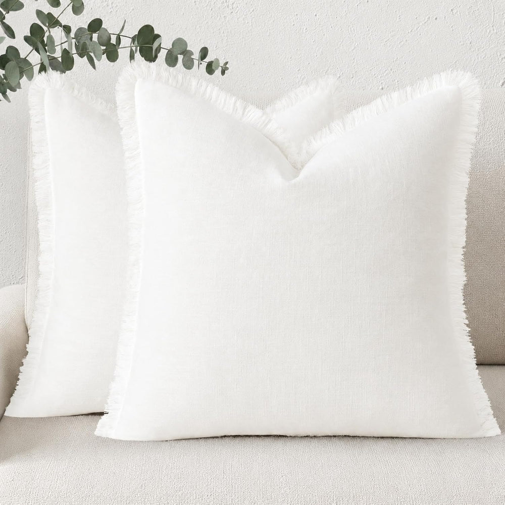 decorUhome Linen Fringe Cream White Throw Pillow Covers 24x24 Set of 2