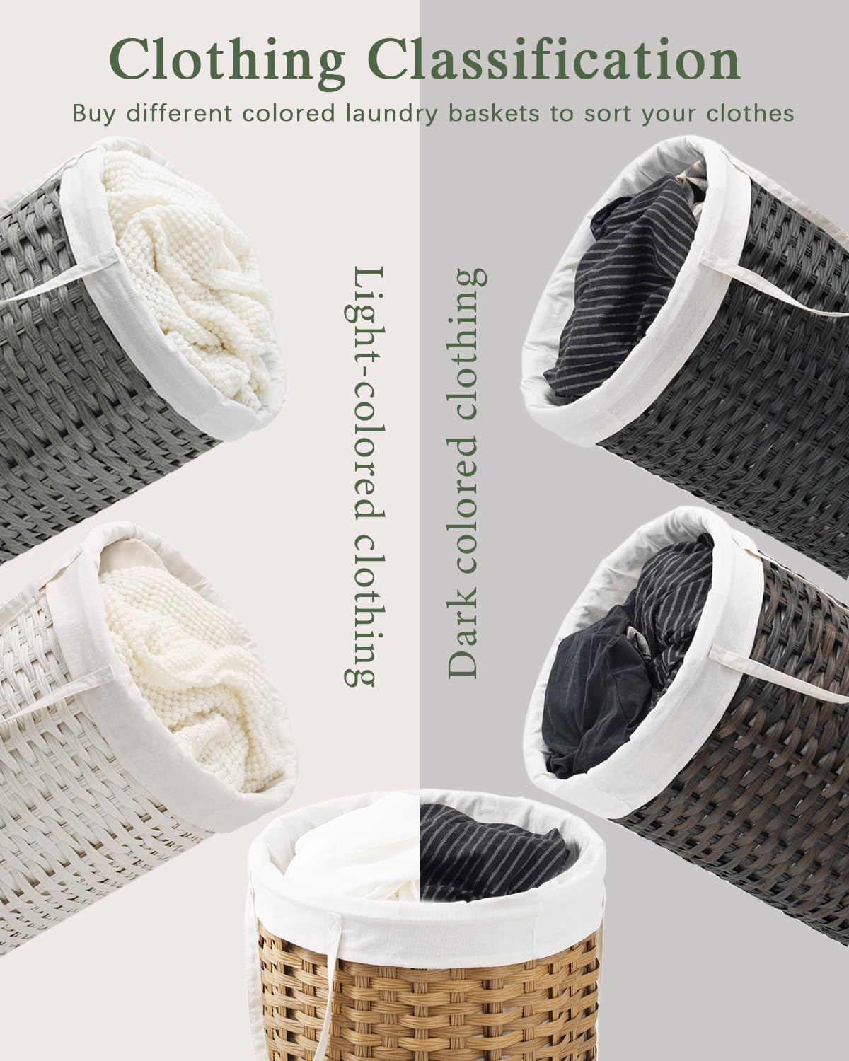 34.3 Gal (130 L) Large Laundry Hamper Laundry Basket Round Handwoven Wicker Laundry Baskets Rattan Laundry Basket with Removable Bag Handles 2 Mesh Bags for Living Room Bedroom Gray