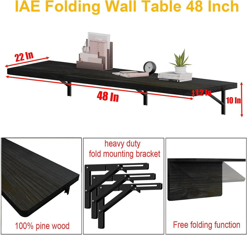 IAE Floating Wall Mounted Folding Table Desk with Pine Wood,48" x 22" Folding Workbench,Fold Down Wall Mounted Foldable Desk with Shelf Brackets,Laundry Table for Home,Dining,Office,Kitchen,Black
