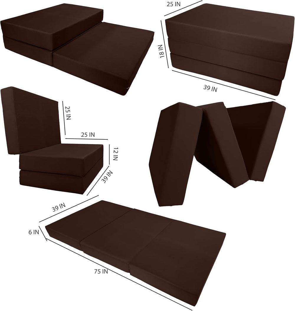 D&D Futon Furniture Trifold Foam Bed, Folding Ottoman Mattress (Brown, Tw...