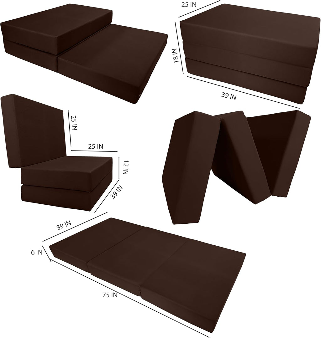 D&D Futon Furniture Trifold Foam Bed, Folding Ottoman Mattress (Brown, Twin Size (6 x 39 x 75))