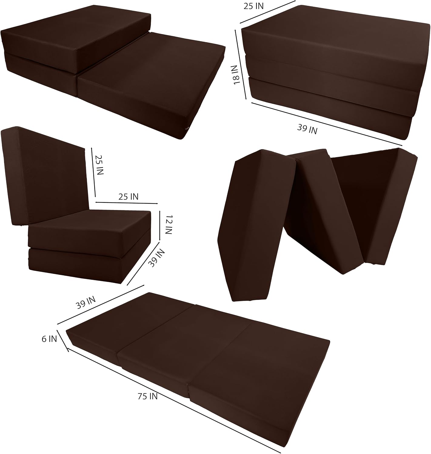D&D Futon Furniture Trifold Foam Bed, Folding Ottoman Mattress (Brown, Twin Size (6 x 39 x 75))