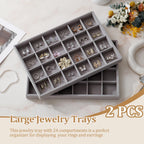 Large Velvet Jewelry Tray 2 Pack Stackable Jewelry Display Drawer Inserts Trays Organizer for Earring Bracelet Necklace Ring (Gray, 24 Grids)