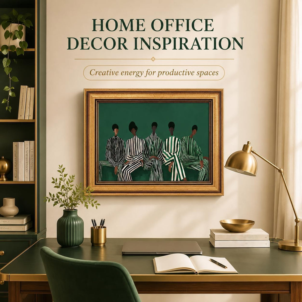 Gold Framed African American Wall Art Green White Striped Black People Canvas...