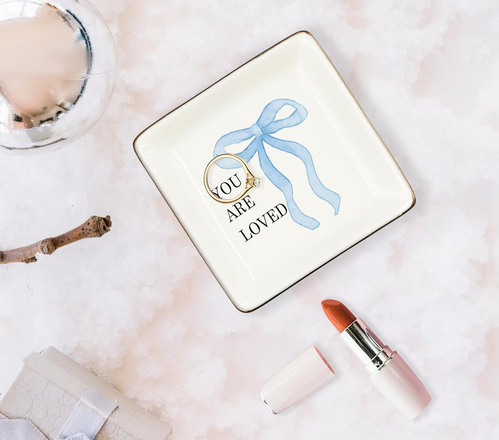 WODMIS Coquette Blue Bow You Are Loved Ceramic Jewelry Tray Dish, Inspirational Gifts for Women, Preppy Bow Girly Motivational Jewelry Plate Ring Trinket Dish, Positive Affirmation Gifts