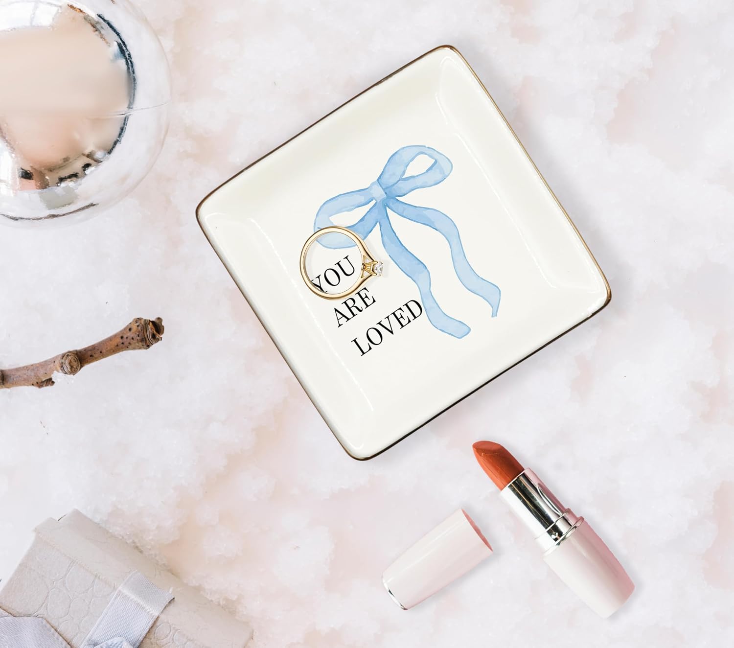 WODMIS Coquette Blue Bow You Are Loved Ceramic Jewelry Tray Dish, Inspirational Gifts for Women, Preppy Bow Girly Motivational Jewelry Plate Ring Trinket Dish, Positive Affirmation Gifts