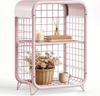 3-Tier Pink Metal End Table, Narrow Nightstand for Small Bedroom, Compact Side Table with Storage Shelves, Modern Bedside Organizer for Living Room, Pink Decor