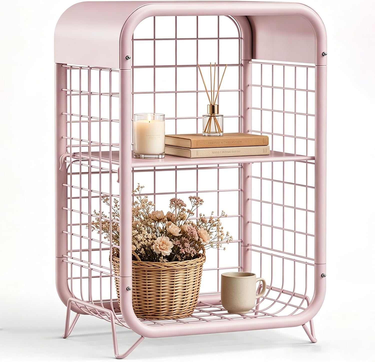 3-Tier Pink Metal End Table, Narrow Nightstand for Small Bedroom, Compact Side Table with Storage Shelves, Modern Bedside Organizer for Living Room, Pink Decor