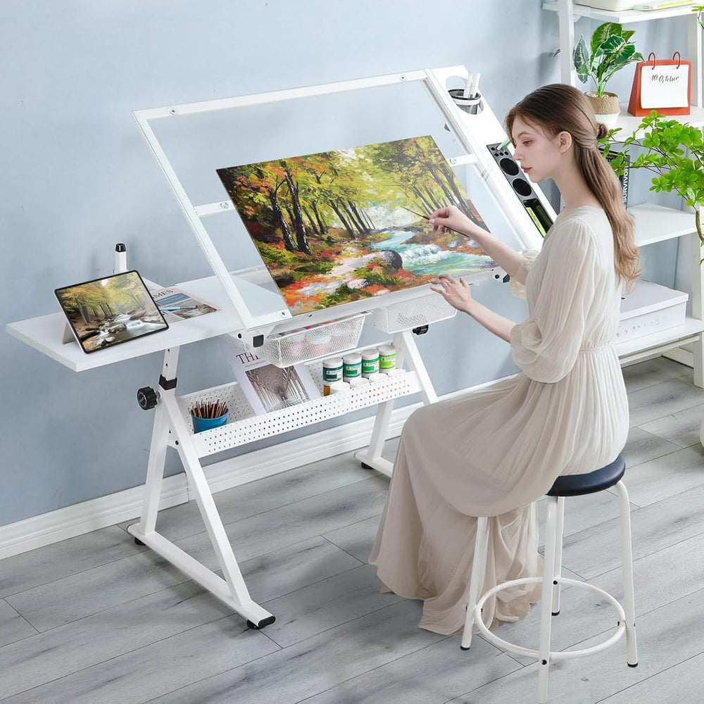 Drafting Table, Height Adjustable Art Tabe with Stool, White | 0-75° Tilting ...