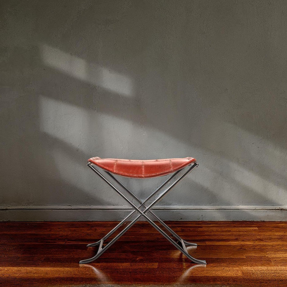 Creative Co-Op Collapsible Leather and Metal Stool, Russet Brown