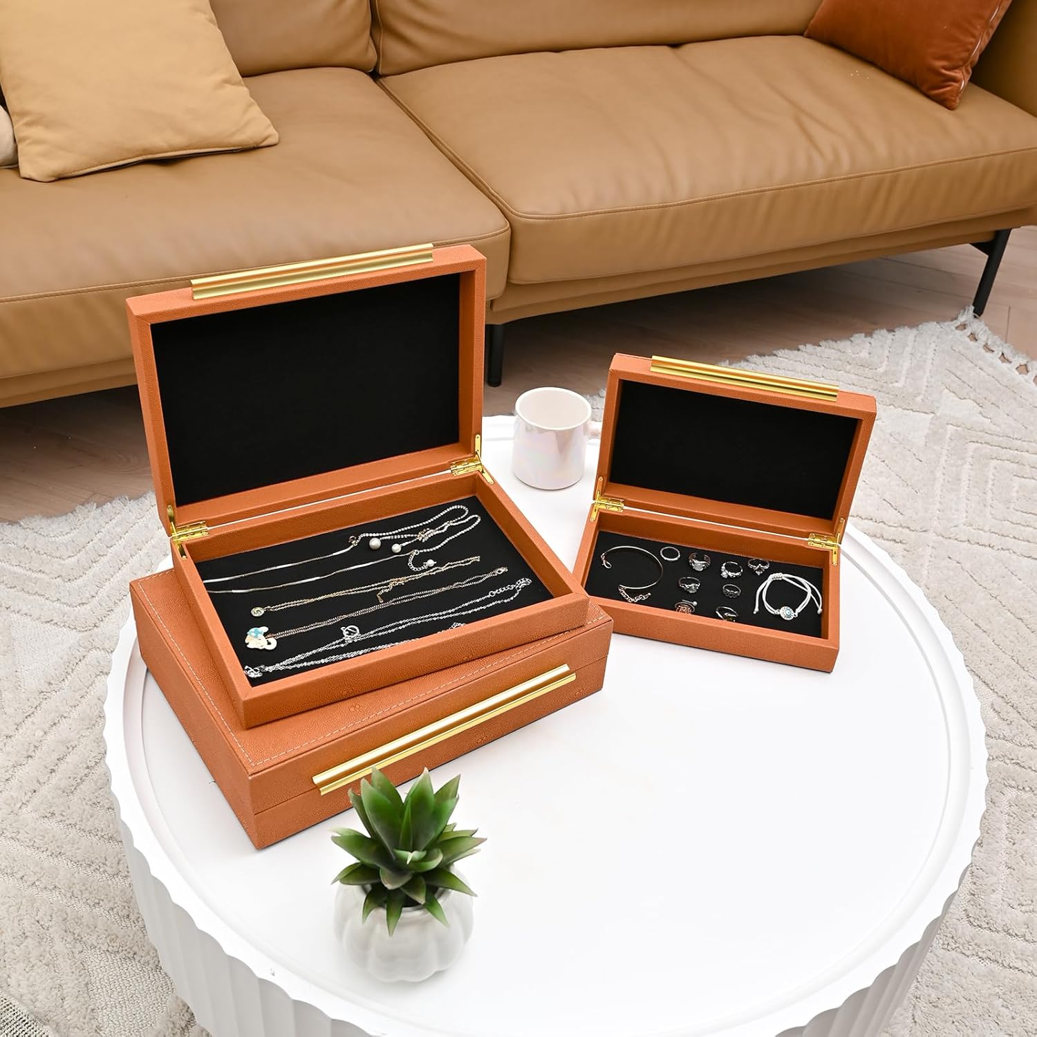 Faux Shagreen Leather Jewelry Storage Boxes Set of 3 with Gold Handles, Velvet Lined Stackable Organizer for Women, Vanity, Dresser, Gift, Burnt Orange