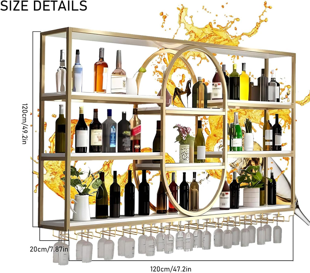 Large Wall Mount Wine Rack, Metal 4 Tier Large Capacity Hanging Bar Rack with Wine Glass Holder, Oval Wine Bottle Storage Display Rack for Kitchen, Living Room, Home (Gold, 47.2in)