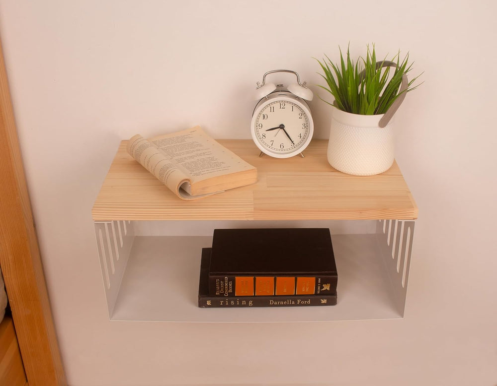 Floating Nightstand with White Metal Base, Wooden Top and Sturdy Metal Base, ...