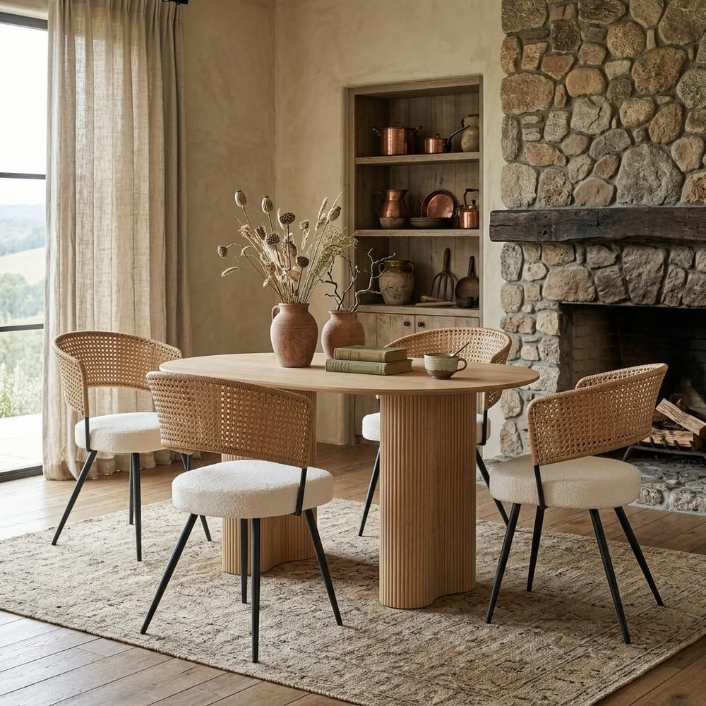 Rattan Dining Chairs Set of 4,Farmhouse Upholstered Teddy Cushion with PE Can...