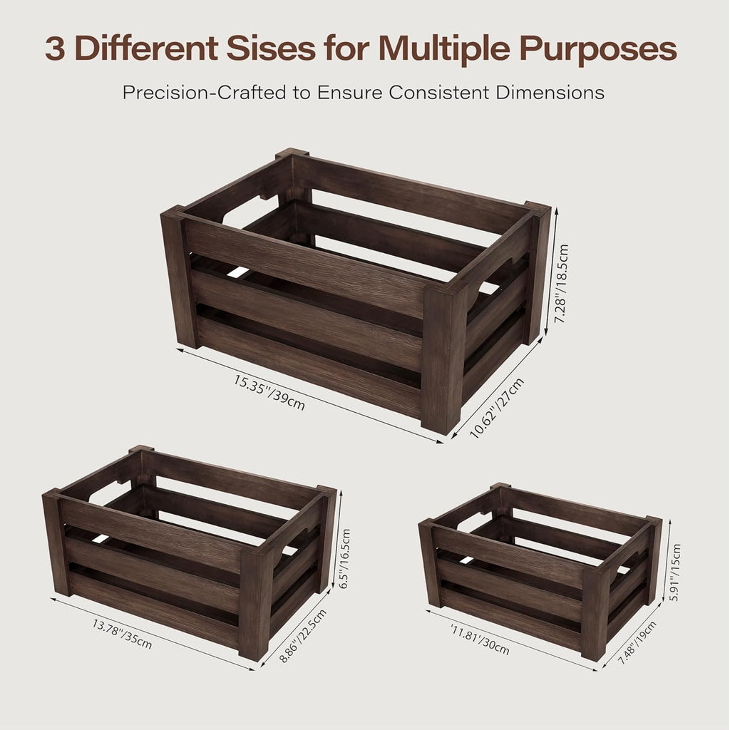 Rustic Wooden Storage Crates Set of 3 with Handles – Farmhouse Decorative Nesting Boxes for Organizing, Shelves & Tabletop Display (L/M/S)