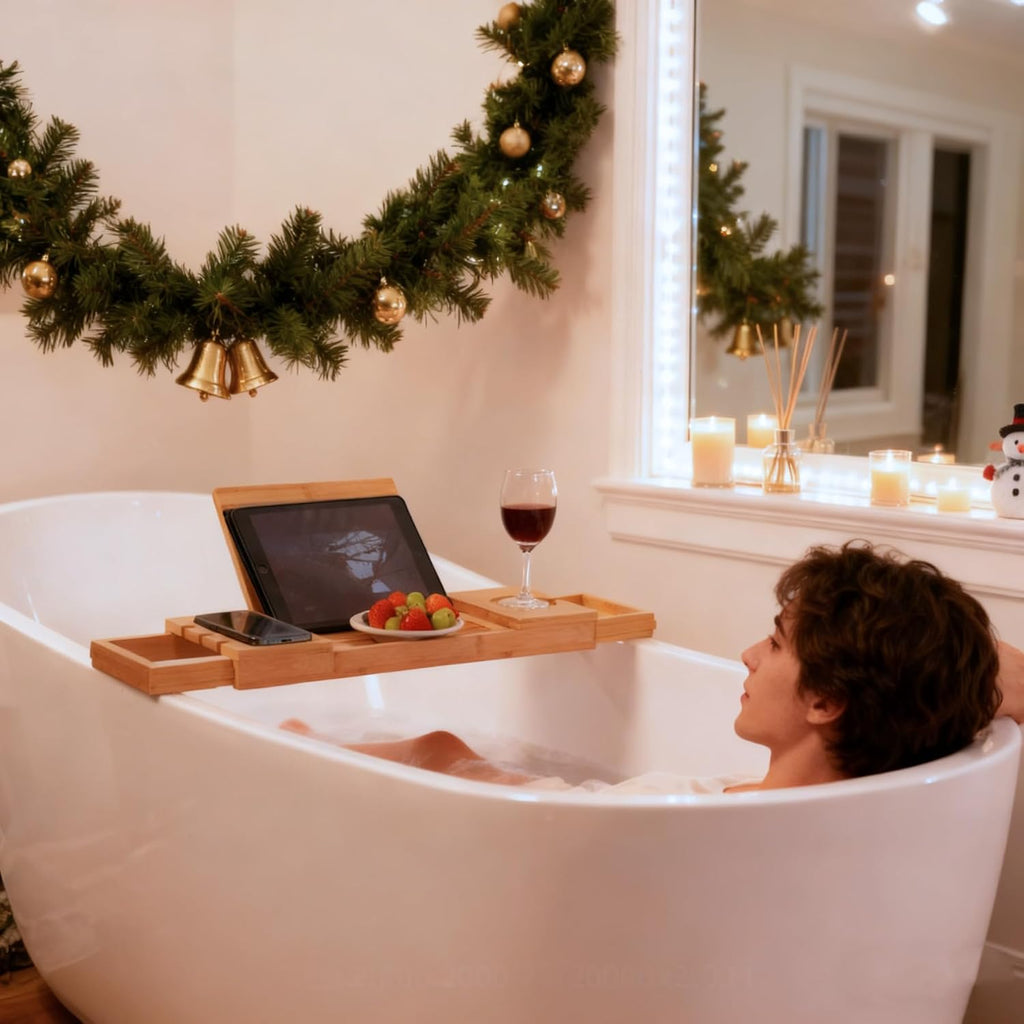 Utoplike Bamboo Bathtub Caddy Tray Bath Tray for Tub, Adjustable Bathroom Bathtub Organizer with Book Tablet Wine Glass Cup Towel Holder