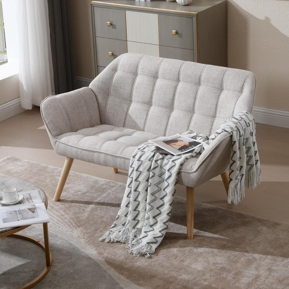 48”Small Loveseat Sofa, Modern Linen Upholstered Mini Couch 2-Seater Fluffy L...