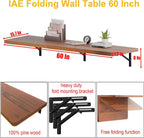 IAE Wall Mounted Folding Table with Pine Wood,60" x 16" Floating Wall Desk,Laundry Folding Table with Shelf Brackets,Fold Down Desk Shelf,Folding Workbench for Home,Dining,Laundry Room,Kitchen,Teak