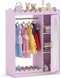Costzon Kids Dress Up Storage with Mirror, Toddler Wardrobe Closet with Open Hanging Clothing Rack, Cabinet & Shelves, Kids Armoire & Costume Organizer for Bedroom, Kids Room, Playroom (Pink)