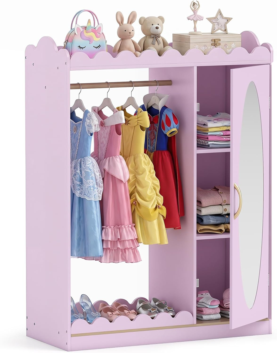 Costzon Kids Dress Up Storage with Mirror, Toddler Wardrobe Closet with Open Hanging Clothing Rack, Cabinet & Shelves, Kids Armoire & Costume Organizer for Bedroom, Kids Room, Playroom (Pink)