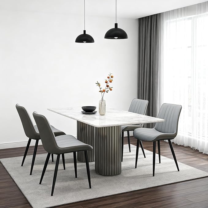 Dining Chairs Set of 4, Leather Modern Kitchen & Dining Room Chairs, Comfortable Upholstered Kitchen Chairs with Metal Legs Armless Side Chairs for Kitchen Restaurant, Light Grey & Dark Grey