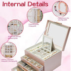 BOOVO Clear Lid Jewelry Box,3 Layers Jewelry Organizer Large Jewelry Storage Box with 2 Drawers,Jewelry Holder Organzier of Rings Earrings Necklace Bracelets for Women (Rose Gold, 4 Layer)