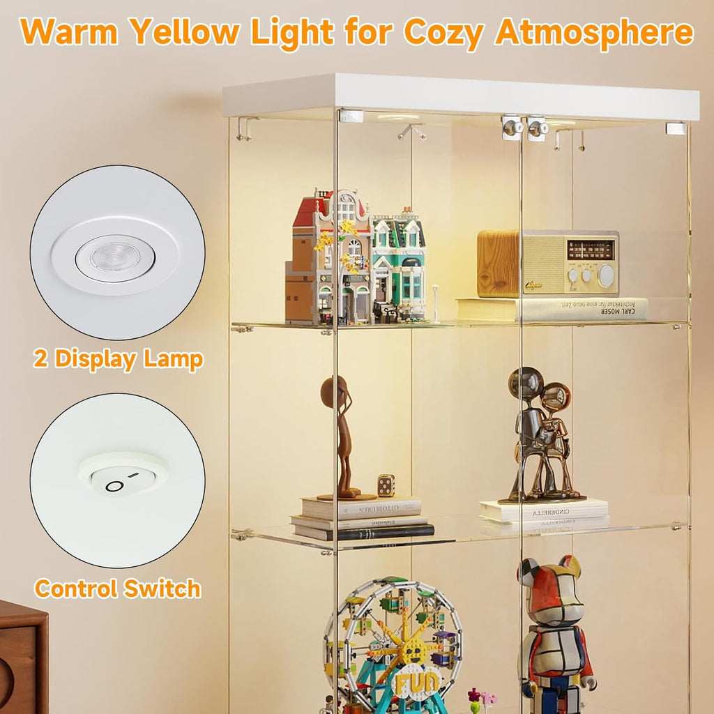 Tempered Glass Display Cabinet with Lights, 4-Tier Curio Cabinet with Glass Doors Wheels Two Locks, Glass Display Case for Collectibles for Living Room, Bedroom, Office, White, Double Door