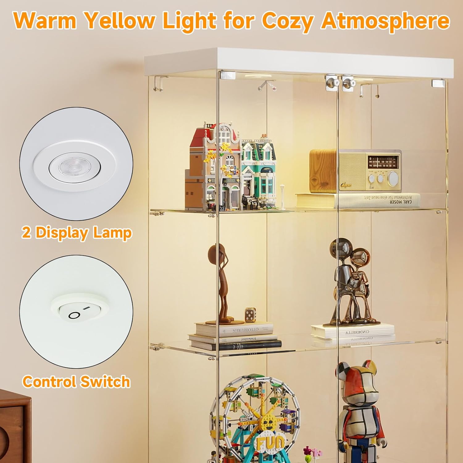 Tempered Glass Display Cabinet with Lights, 4-Tier Curio Cabinet with Glass Doors Wheels Two Locks, Glass Display Case for Collectibles for Living Room, Bedroom, Office, White, Double Door