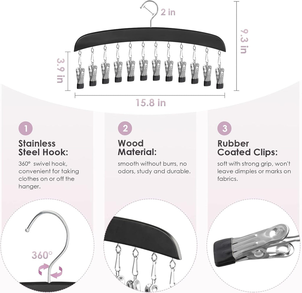 Leggings Hangers, Wooden Closet Hanging Leggings Storage Organizer Scarf Hangers with 24 Clips, 360° Swivel Hook, Black, 2 Pcs