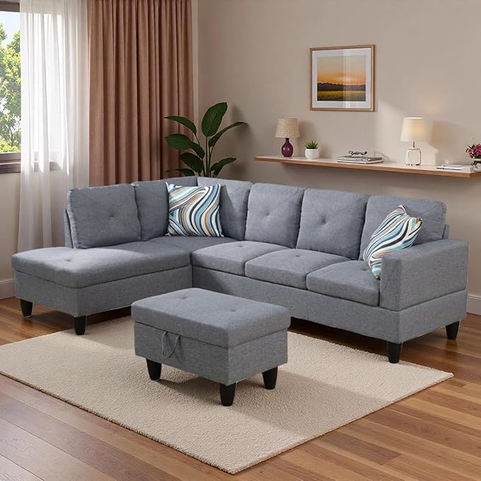 L-Shaped Sectional Sofa with Movable Chaise & Storage Ottoman, Lounge 3-P...
