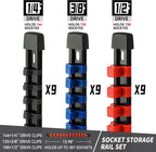 Socket Organizer Drive ABS Tools-Socket Holder, Premium Quality 27 Pieces Socket Holders Kit 1/4-Inch x 144 Clips, 3/8-Inch x 135 Clips, 1/2-Inch x 108 Clips（27PC,Blue&Red&Black)