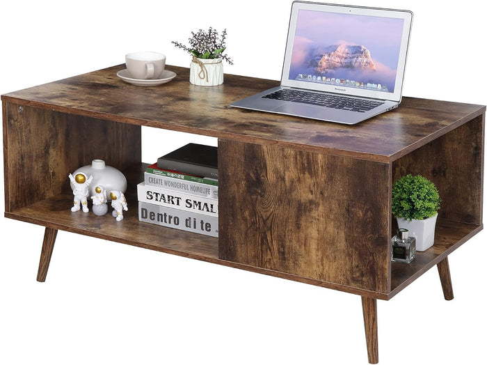 SUPER DEAL 40 inch Small Coffee Table with Storage Shelf, 2 Tier Mid-Century Wood Center Table, Space Saving Industrial Cocktail Table for Living Room Apartment, Rustic Brown