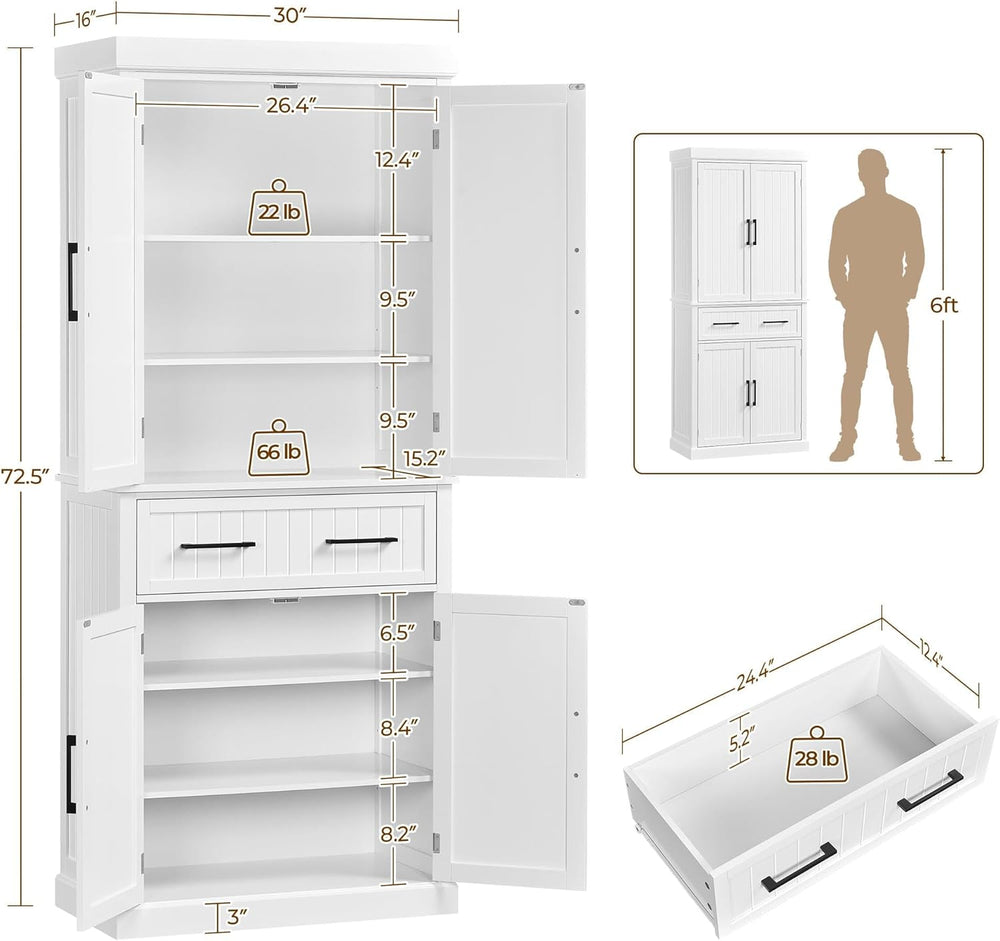 Yaheetech 72.5" H Freestanding 4-Door Kitchen Storage Cabinet,White | St...