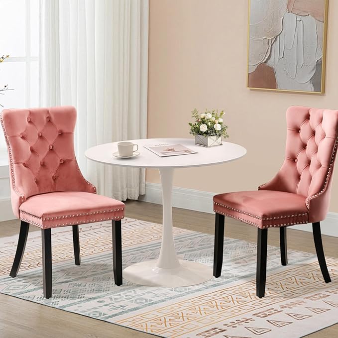 3-Pieces 31.5" Round Dining Table Set for 2, White Dining Table & 2 Velvet Upholstered Dining Chairs for Kitchen Dining Room Apartment Small Space(White Table & Pink Chairs)